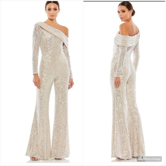 Mac Duggal 26596 SEQUINED DROP SHOULDER LONG SLEEVE JUMPSUIT Nude Gold 10 - Picture 1 of 14